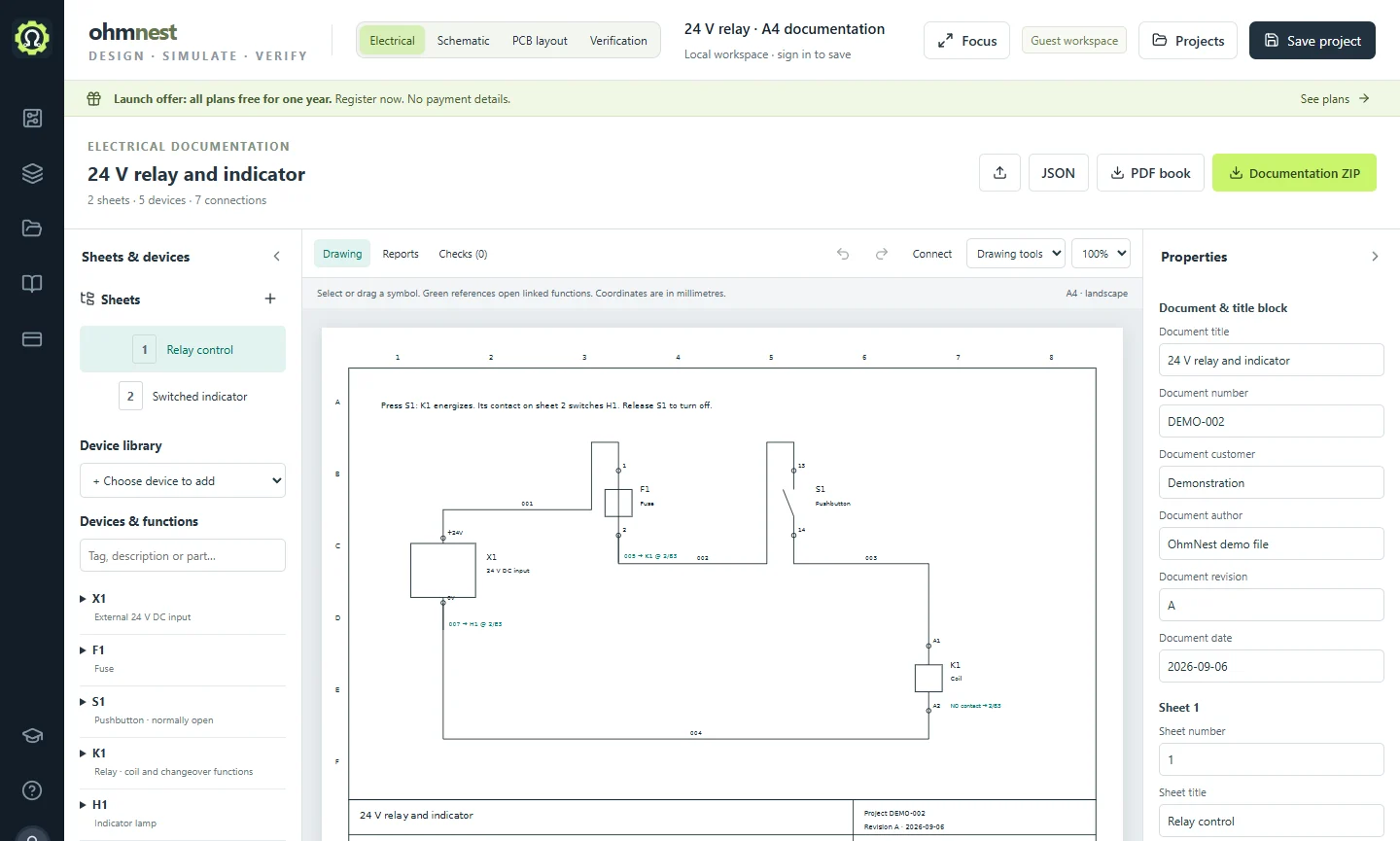 An electrical documentation demo with device and sheet navigation.