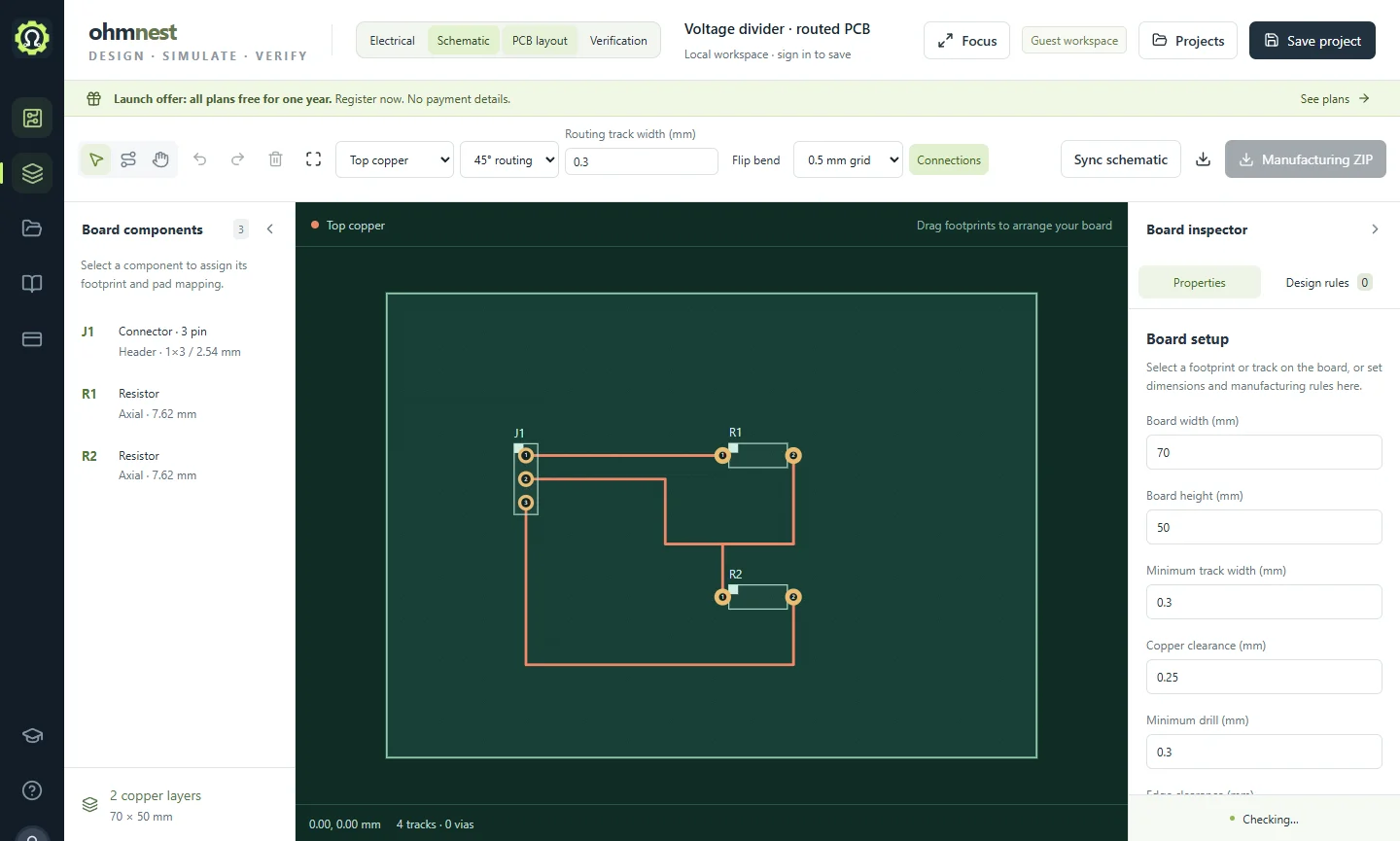 A routed voltage-divider demo in the PCB workspace.