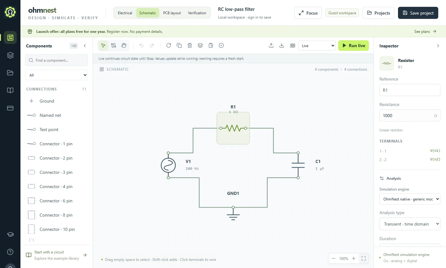 The OhmNest schematic editor with an RC low-pass filter.