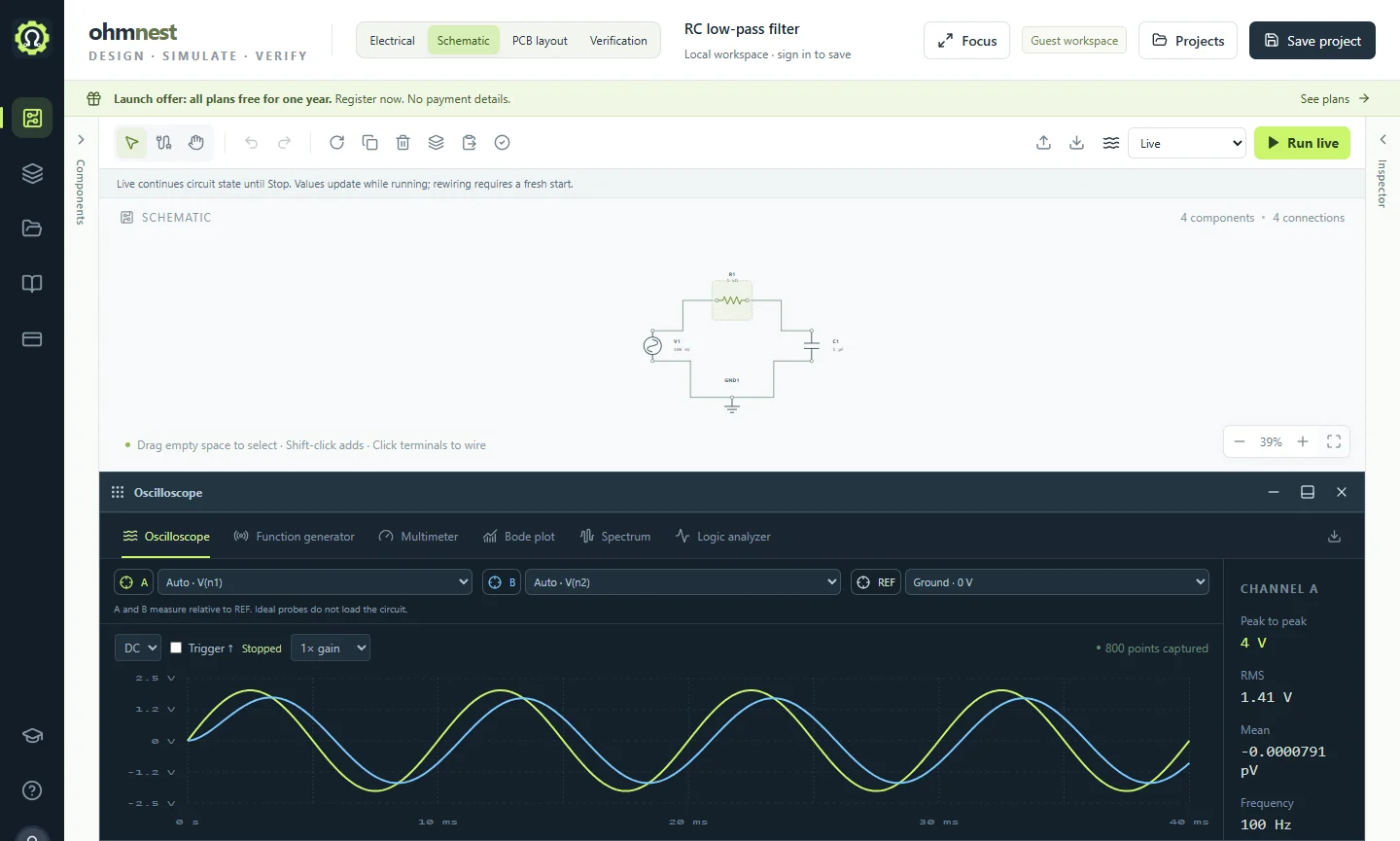 OhmNest showing an RC low-pass circuit and its input and output waveforms
